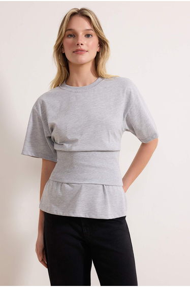 Grey Melange Fitted/Fitted Low Arm Short Sleeve Tok 100% Cotton Knitted T-Shirt