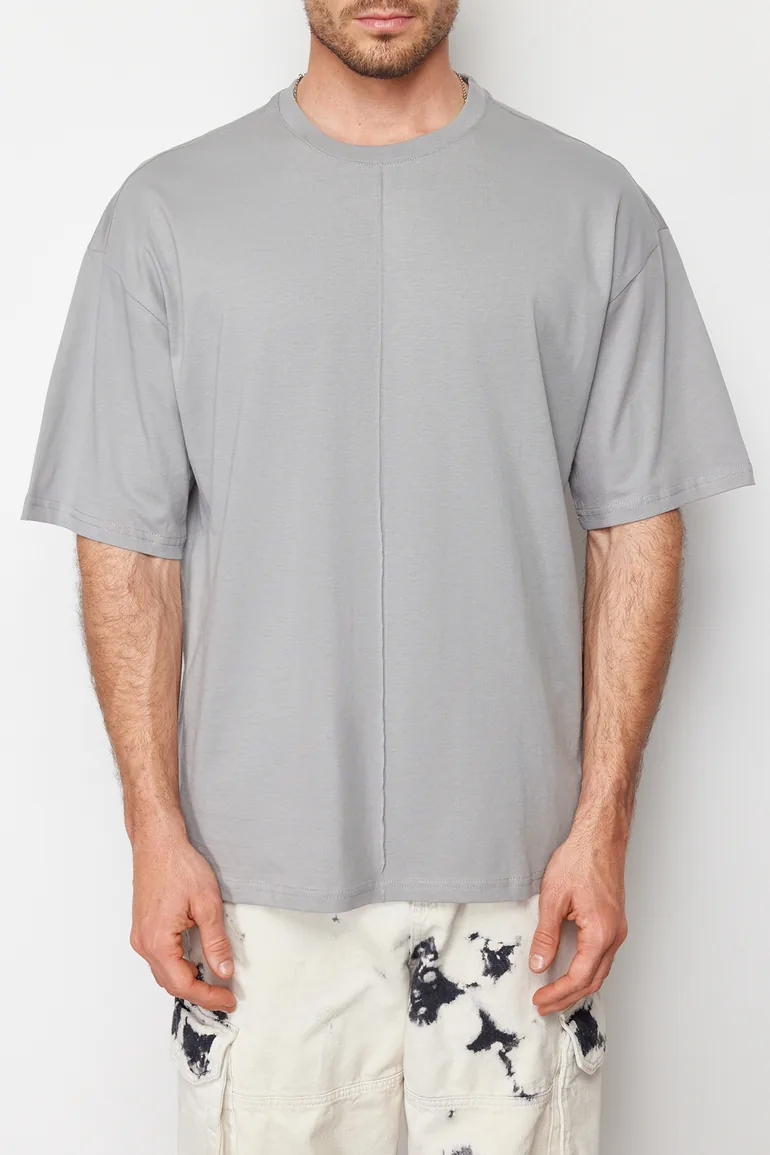 Men's Gray Oversize Stitch Detail 100% Cotton T-Shirt - 3