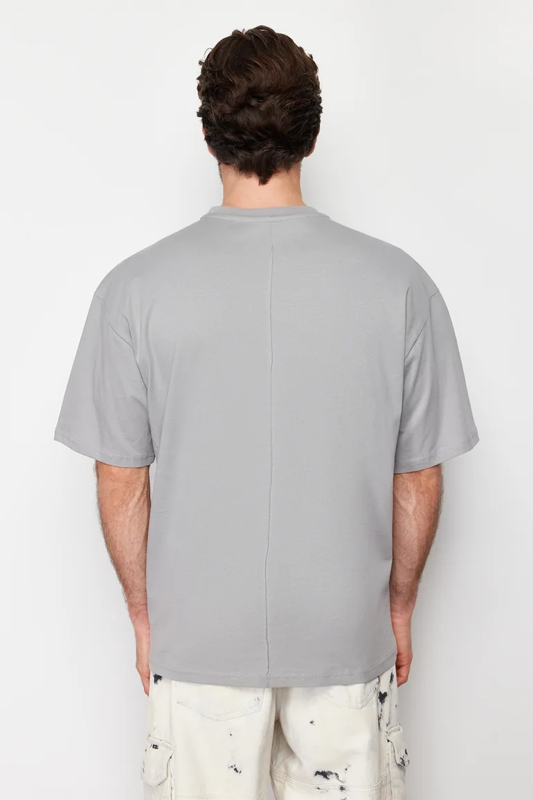 Men's Gray Oversize Stitch Detail 100% Cotton T-Shirt - 5