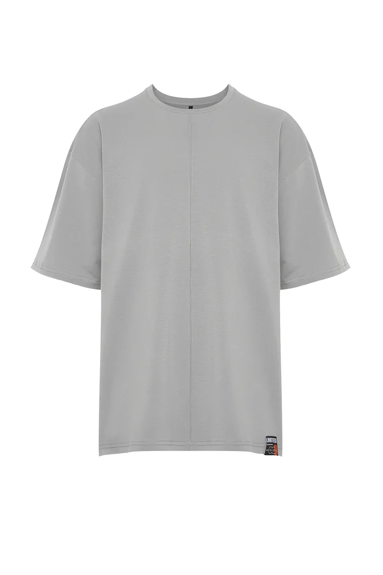 Men's Gray Oversize Stitch Detail 100% Cotton T-Shirt - 7