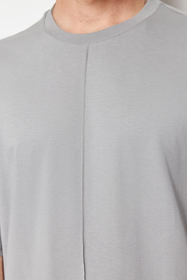 Men's Gray Oversize Stitch Detail 100% Cotton T-Shirt - 4