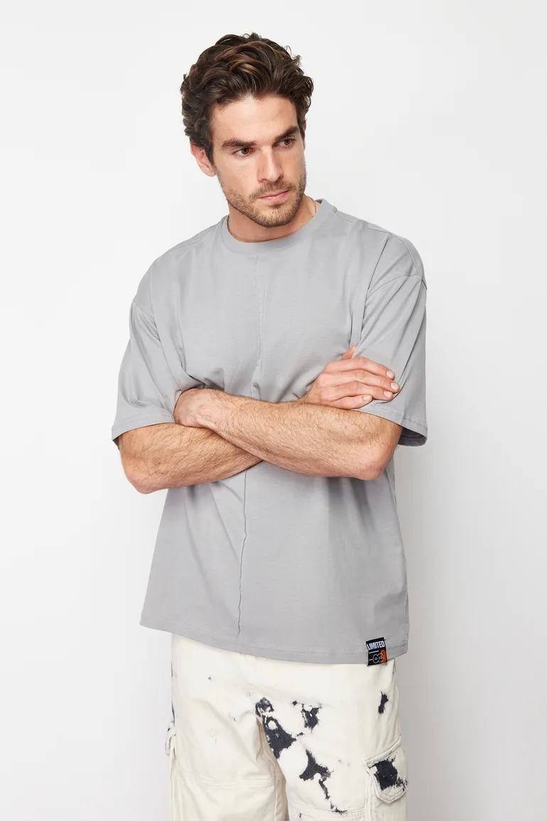 Men's Gray Oversize Stitch Detail 100% Cotton T-Shirt - 2