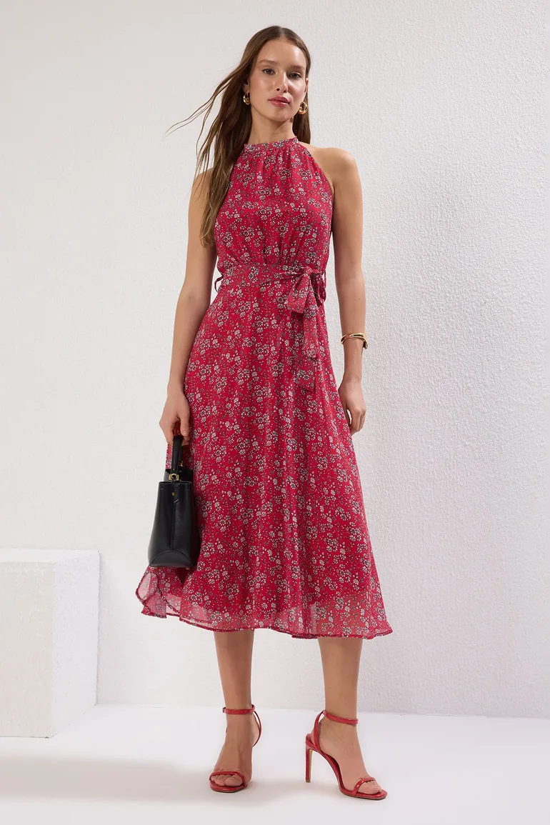 halter neck midi skater dress Auburn Red Halter Skater Midi Dress  Club L London