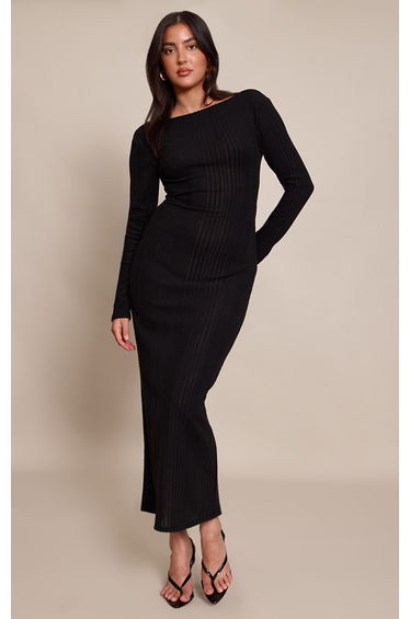 Black Ribbed Low Back Detail Long Sleeve Maxi Dress