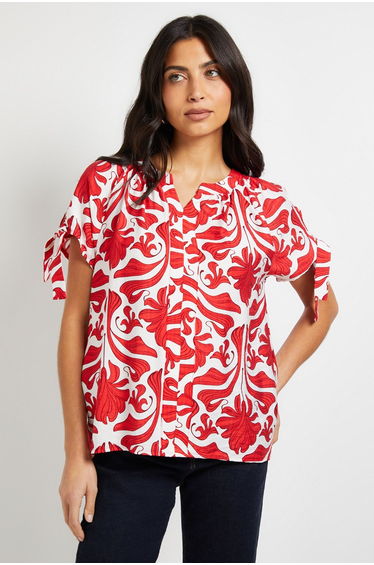 Abstract Tie Sleeve Collarless Top