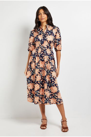 Floral Puff Sleeve Pintuck Midi Dress
