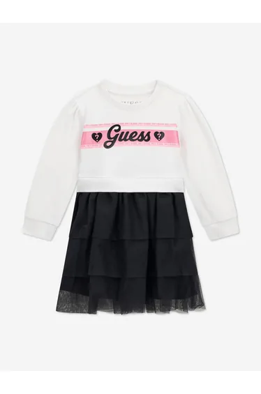 Guess Girls Mixed Fabric Dress in White