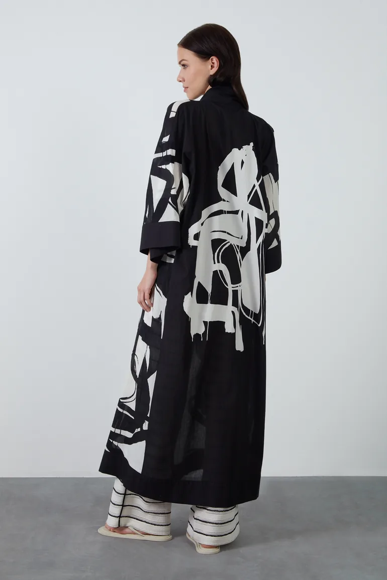 Black Kimono with Beaded Cord Detail - 3