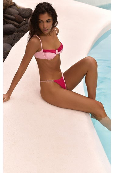Fuschia Contrast Ruched V Front Bikini Bottoms