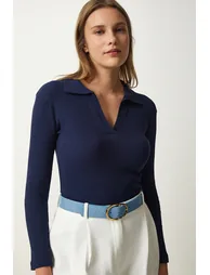 Women's Navy Blue Polo Neck Ribbed Knitted Blouse