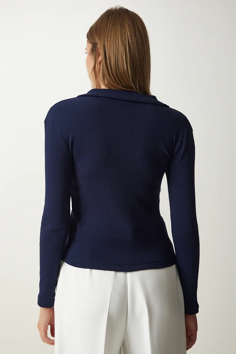 Women's Navy Blue Polo Neck Ribbed Knitted Blouse - 4