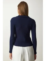 Women's Navy Blue Polo Neck Ribbed Knitted Blouse - 4