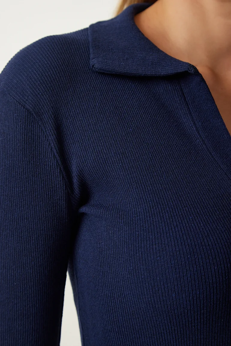 Women's Navy Blue Polo Neck Ribbed Knitted Blouse - 3