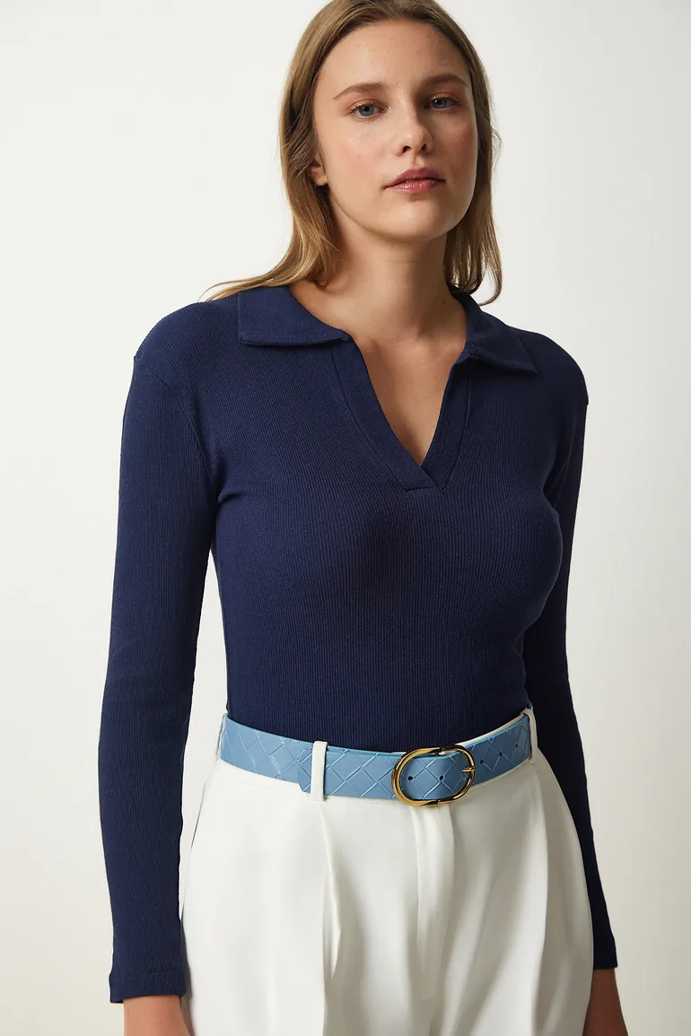 Women's Navy Blue Polo Neck Ribbed Knitted Blouse - 2