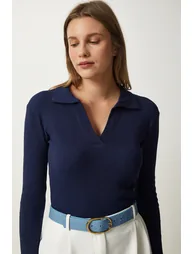 Women's Navy Blue Polo Neck Ribbed Knitted Blouse - 1