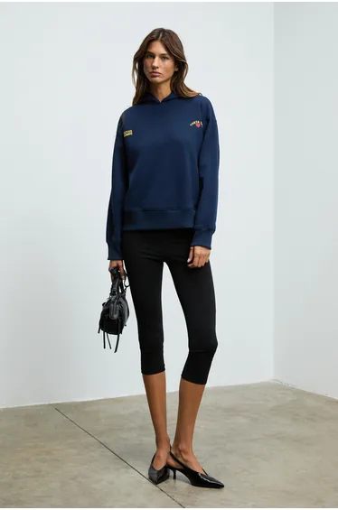 GRIMELANGE ISROP Women's Soft Fabric Printed Hooded Navy Sweatshirt