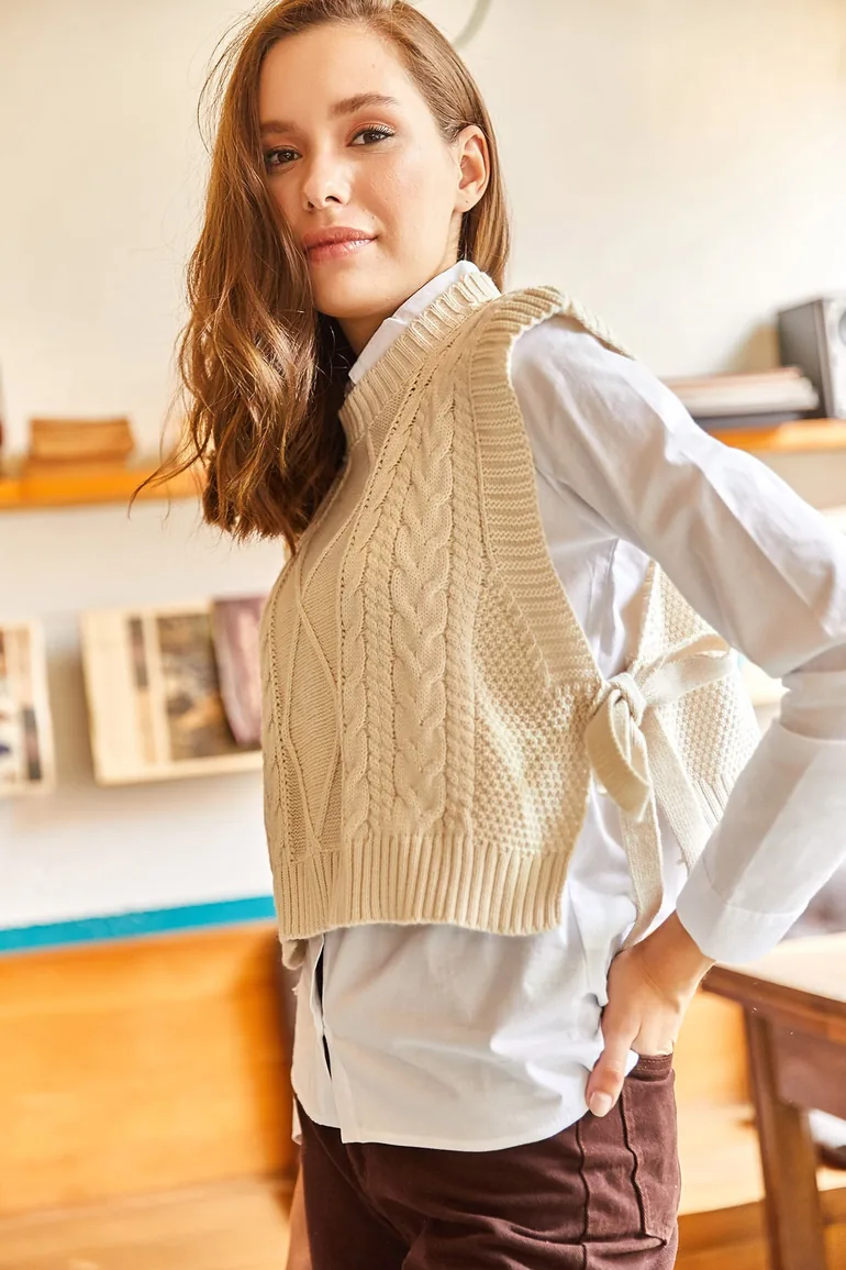 Women's Stone Side Tie Knitwear Sweater - 3