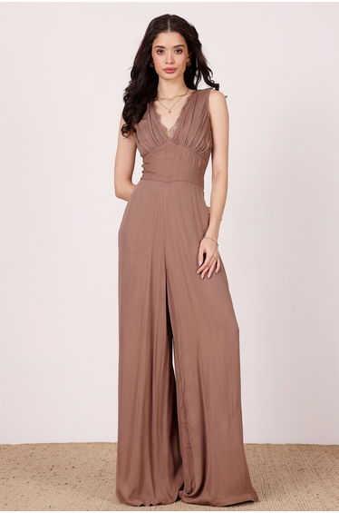 Ronnie Jumpsuit in Taupe with Lace Detail