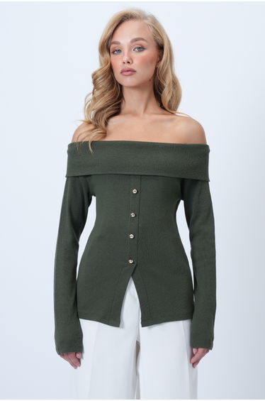 Women's Khaki Madonna Collar Front Slit Knitted Blouse