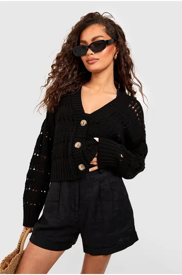 Crochet Button Through Crop Cardigan - black