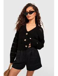 Crochet Button Through Crop Cardigan - black