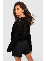 Crochet Button Through Crop Cardigan - black - 1