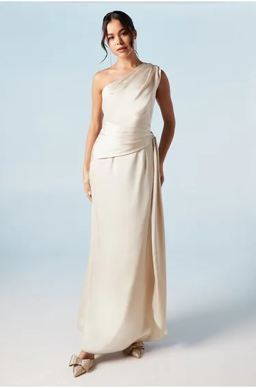One Shoulder Sash Detail Satin Maxi Dress
