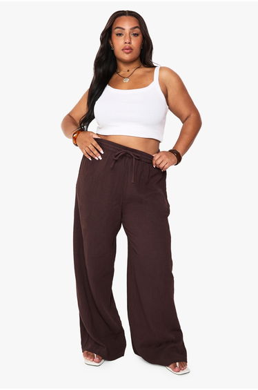 Plus Textured Crinkle Wide Leg Trouser - chocolate