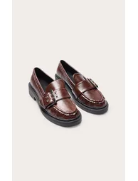Chocolate Crinkle PU Buckle Detail Loafers - 2