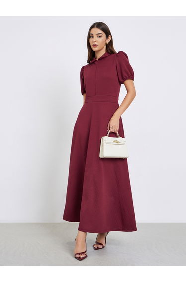Burgundy Textured Maxi Dress with Puff Sleeves
