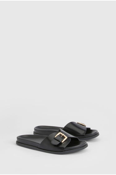 Wide Fit Buckle Detail Strap Sliders - black