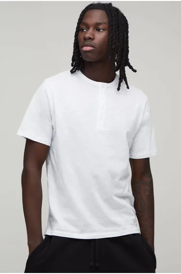 Slim Fit Slub Henley T-shirt - white