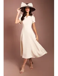 Lisa Tan Bow Shoulder Crepe Full Skirt Midi Dress