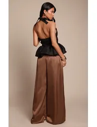 Mushroom Satin Pleated Wide Leg Trousers - 2