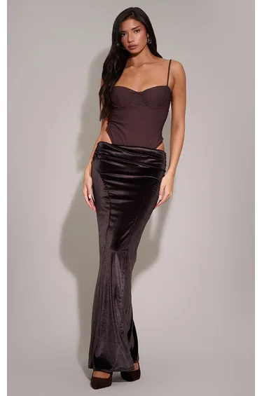 Brown Velvet Seam Detail Maxi Skirt