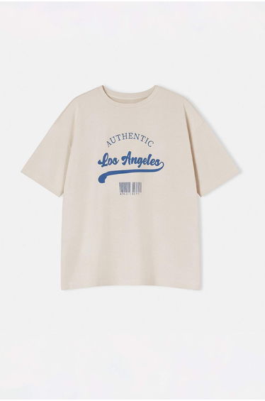 Stone Wide Pattern Crew Neck Printed 100% Cotton Knitted T-Shirt