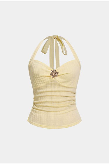 Halter Neck Tie Back Metallic Flower Ruched Cami Top