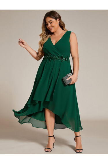 ever IRYS|Sleeveless V-Neck High Low Wedding Guest Dress with Floral Applique