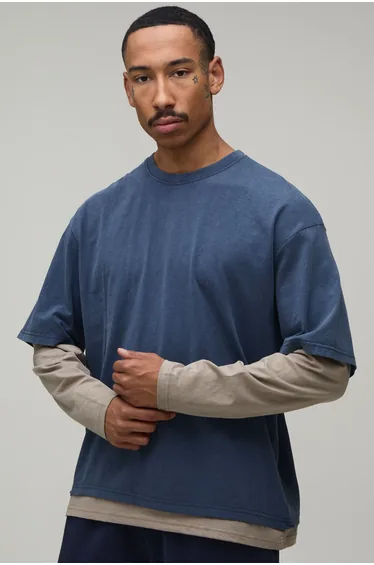 Essential Washed Regular Fit Faux Layer Long Sleeve T-Shirt - navy