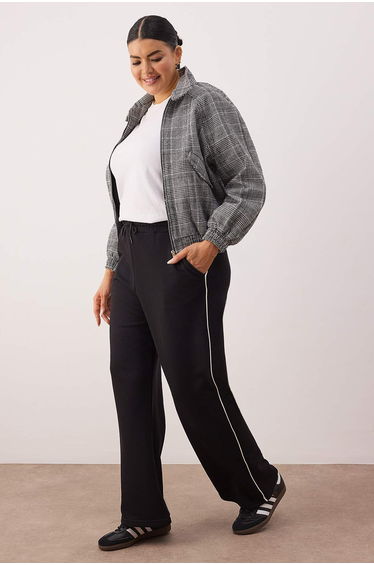 Black contrast piping detailed wide leg plus size tracksuit bottoms