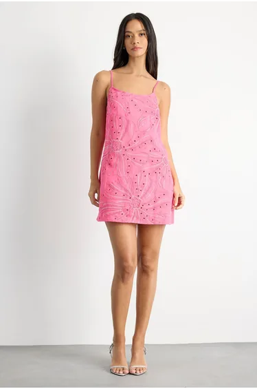 Beaded Embroidered Slip Mini Dress