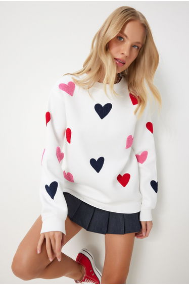 Women's Ecru Heart Textured Raised Knit Sweatshirt
