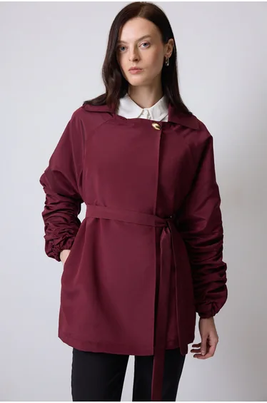 BELTED MICRO JACKET WITH GATHERED SLEEVE