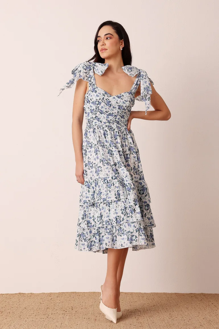 Ollie Cotton Midi Dress in Blue White Floral - 2