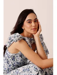 Ollie Cotton Midi Dress in Blue White Floral - 1