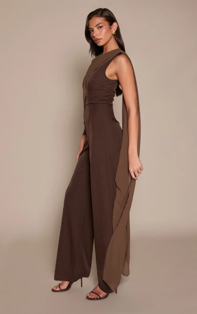 Chocolate Chiffon Cape Detail Straight Leg Jumpsuit - 2