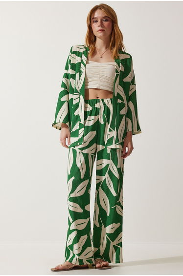 Women's Dark Green Patterned Crinkle Summer Jacket Palazzo Set