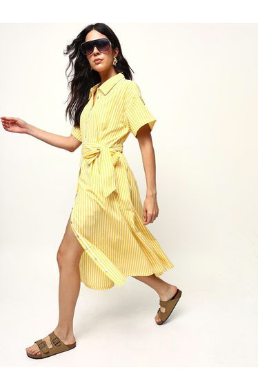 Yellow 100% Cotton Striped Shirt Midi Dress