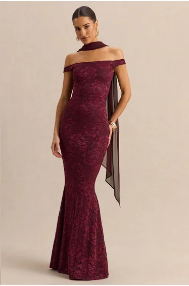 Iselle | Burgundy Lace Bardot-Neck Maxi Dress With Scarf-Detail