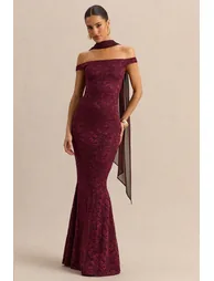 Iselle | Burgundy Lace Bardot-Neck Maxi Dress With Scarf-Detail